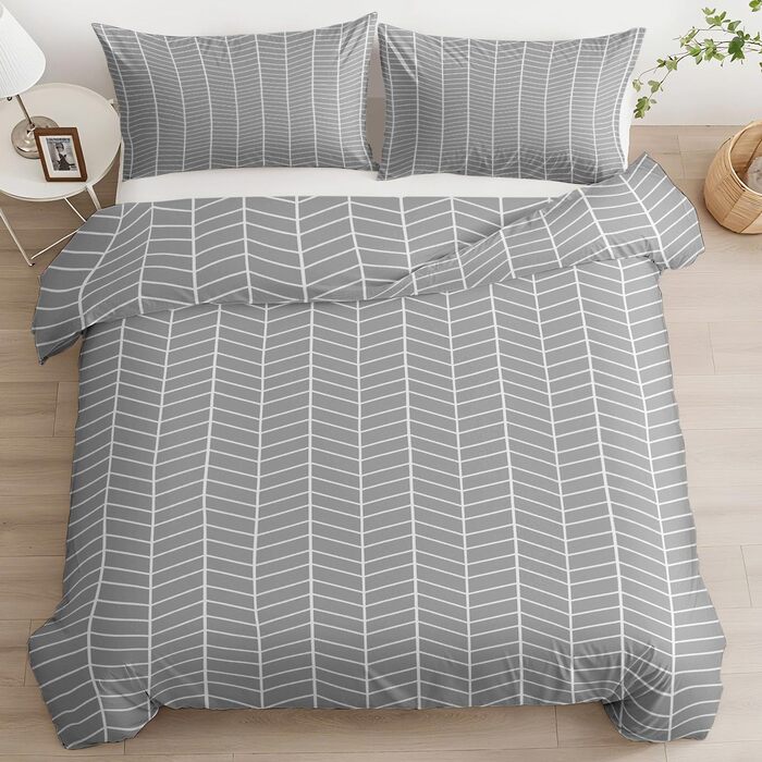 Сіра постільна білизна 180x200 см з геометричним дизайном, двостороння, з м'якої мікрофібри, для алергіків, 3 частини (1 ковдра + 2 подушки), з блискавкою, сучасний дизайн