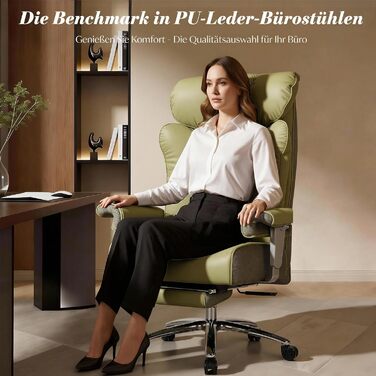 Офісний стілець Efomao XXL до 200 кг з підставкою для ніг, екошкіра, висока спинка, регульовані підлокітники, підтримка попереку, сірий