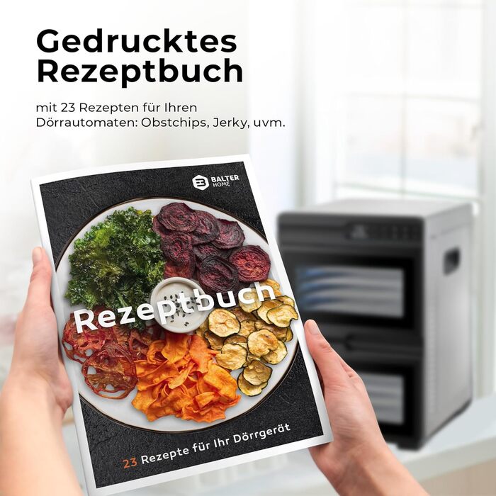 Електрична сушарка для фруктів та овочів Balter з нержавіючої сталі, 12 ярусів, 1100 Вт, 70 л, 12000 см² поверхні сушіння, BPA-free, 35–75 °C, таймер до 72 год, 2 камери