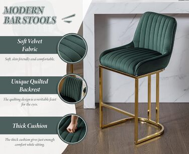 Набір з 2 барних стільців з велюру з золотистими ніжками, з підлокітниками та спинкою для кухонного острова/домашнього бару (зелений)