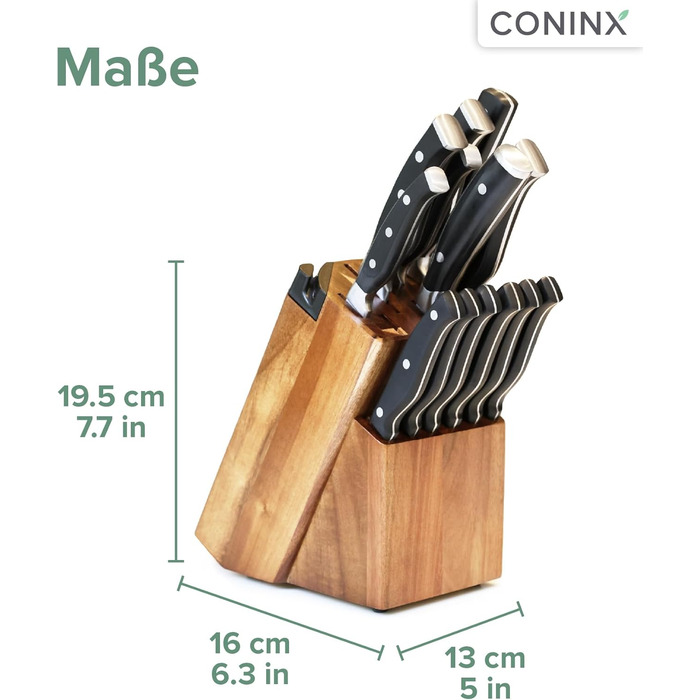 Блок для ножів Coninx Universal з інтегрірувачем – Тримач для ножів з акації на 15 слотів – Стійкий підставка для кухонних ножів, хлібного ножа, ножа для стейка та ножиць, коричневий з інтегрірувачем