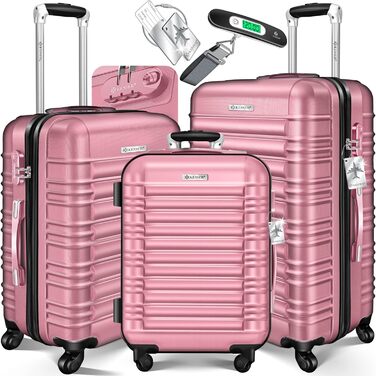 Набір валіз KESSER® 3шт. з жорстким корпусом: велика, середня, маленька. Рожевий колір. Валіза-тролі, валіза-чемодан, валіза на колесах з замком, ABS-пластик, телескопічна ручка, вага в комплекті.