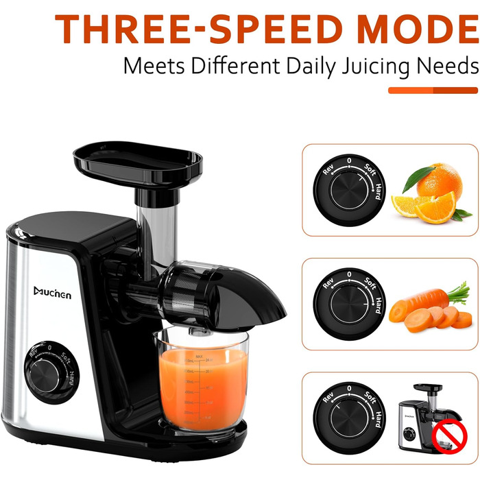 Соковитискач Muchen Slow Juicer: тиха робота, подрібнення назад, легке очищення, нержавіюча сталь, чорний та срібний, з кулінарною книгою (одноканальний)