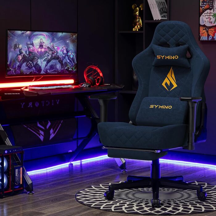 Ігровий крісло Symino, ергономічне, з дизайном гоночного авто, для ПК, вінтажне, з регульованою підніжкою, оббивка з PU-шкіри (блакитний)