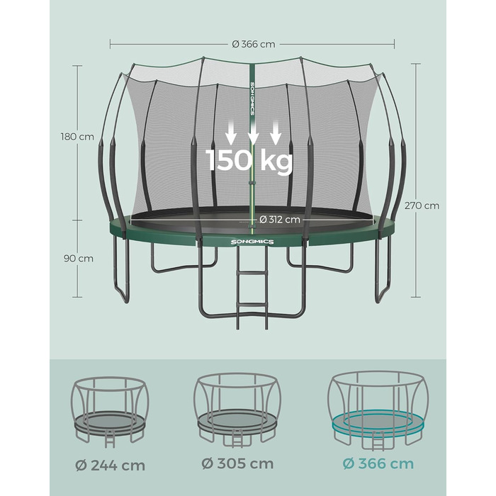 Батут SONGMICS для дітей вуличний Ø366 см, зелений, з захисною сіткою та еластичними тросами, без пружин, тихий