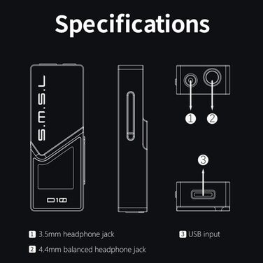 Підсилювач для навушників SMSL D10 USB-C, 2 шт. CS43131, 3,5 мм і 4,4 мм, ЦАП DSD256 32 біт/384 кГц (чорний)