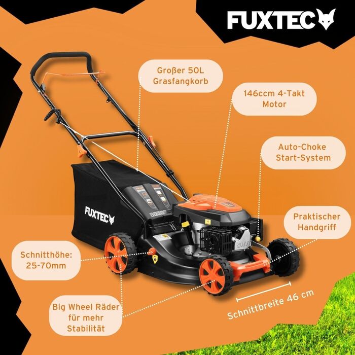 Бензокоса FUXTEC 3в1 FX-RM4646ECO: 3,5PS, 46 см, 50л кошик, мульчування, 25 кг