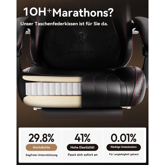 Ігровий крісло Dowinx з масажем, ергономічний дизайн, підтримка попереку та шиї, до 135 кг, шкіряне, чорний