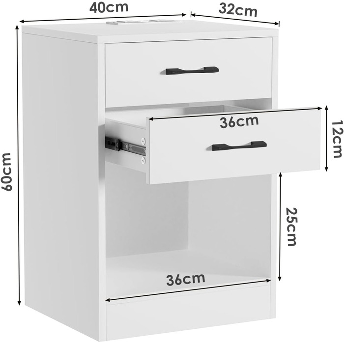 Тумбочка PIPIPOXER з розеткою та USB, 2 шухляди, LED 16 кольорів, 40x35x60см, біла