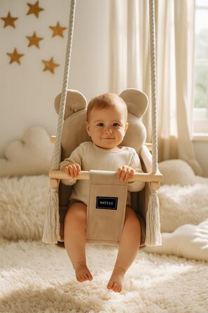 Дитяча гойдалка для дому та вулиці | Bär Light Beige Velvet | Гойдалка для малюків | Дерев'яна гойдалка для дітей | Гойдалка для дверного отвору