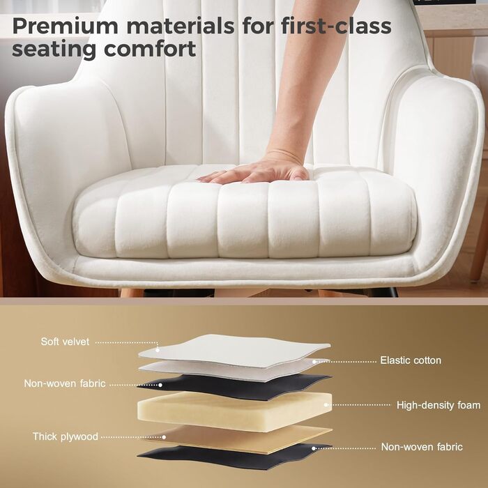 Крісла для обідньої зони ELUCHANG (2 шт.), поворотні на 360°, м'яке сидіння 10 см, високі підлокітники, кремово-білий велюр, до 150 кг, для спальні, кухні, вітальні