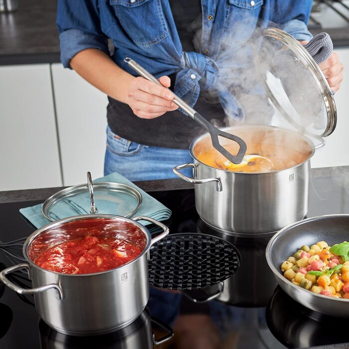 Набір каструль RÖSLE Basic Line 4 шт. з нержавіючої сталі 18/10, склокришки та зручним краєм, індукційне дно, придатний для миття в посудомийній машині, сріблястий/чорний