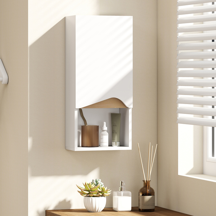 Шафка для ванної кімнати настінна з плавним закриванням дверцят та відкритою полицею, 30 x 17 x 67 см, білий