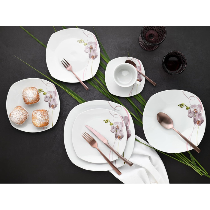 CreaTable Серія Square Orchidee: 18-частинний набір посуду на 6 осіб, порцеляновий кавовий сервіз, придатний для миття в посудомийній машині та використання в мікрохвильовій печі, преміум-якість