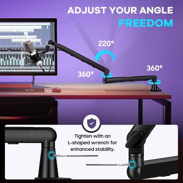 CAHAYA Мікрофонний стійкий кронштейн Boom Arm Professional: Регульований мікрофонний кронштейн з подовжувачем, низькопрофільний дизайн для стрімінгу та запису, вантажопідйомність до 2.5 кг