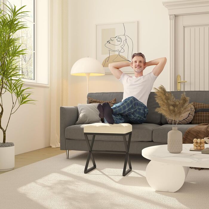 Пуф для макіяжу YMYNY, пуф-табуретка з льону, пуф для туалетного столика з металевими ніжками X-подібної форми, 40x30x46 см, бежевий (HBD033G)