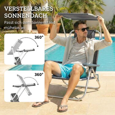 Шезлонг садовий розкладний з подушкою та регульованим дахом, 6 положень спинки, 62 x 68 x 79 см, темно-сірий