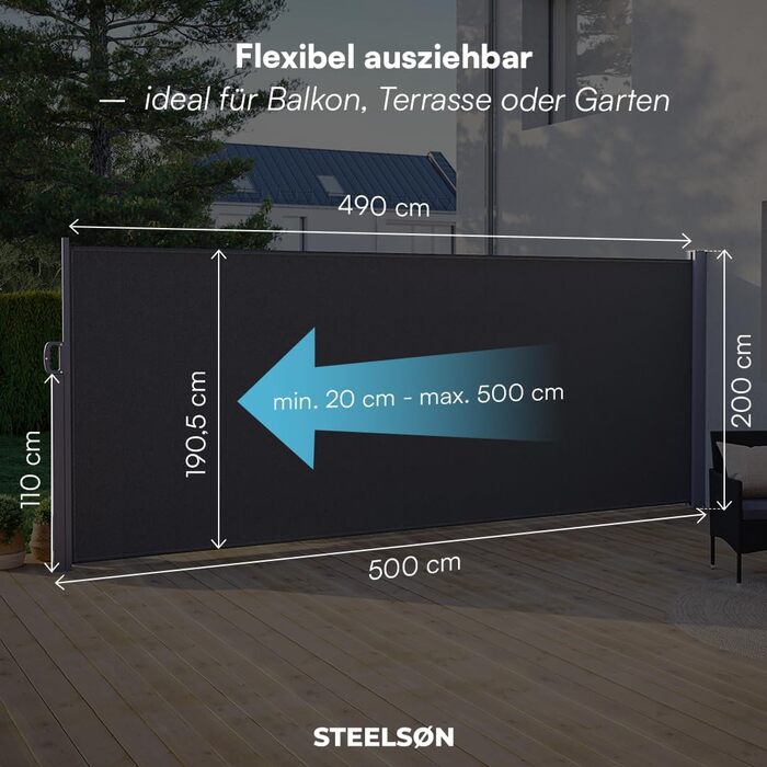 Розсувна бічна маркіза STEELSØN Zirella 180x400 см, антрацит, алюмінієва, захисний екран для балкона та саду, зовнішній щільний сонцезахист з настінним кріпленням (200x500 см)