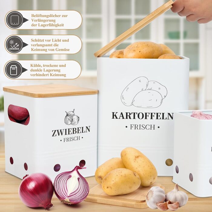 Коробки для зберігання картоплі, цибулі та часнику, 3 шт., з бамбуковим кришками, чорні