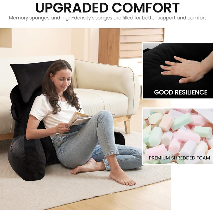 Підкова для читання з підголовником, м'яке спинне крісло з підлокітниками та кишенями для дорослих, зручне ліжко з піною з пам'яті для гуртожитку (Чорний, Преміум Великий)