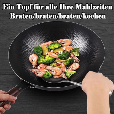 LIYGAOF Вок з кришкою 32 см з чавуну: Вок для всіх типів плит, кована чавунна сковорода, без хімічного покриття, легко миється