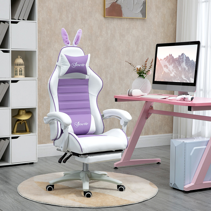 Ігровий крісло Vinsetto Ergonomischer Gamer Stuhl з підтримкою попереку, підставкою для ніг, ігровий крісло з вушками кролика, подушкою для голови, офісне крісло з регульованою спинкою та функцією відкидання спинки, фіолетовий | Aosom