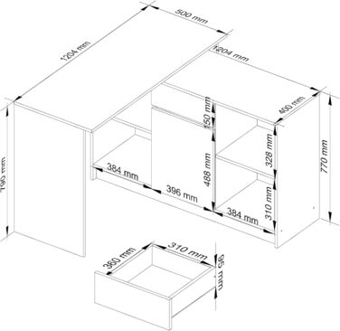 Кутовий письмовий стіл B-17, комбінований стіл 2-в-1 комод з 1 шухлядою, 1 відділенням для зберігання з дверцятами та 2 відкритими полицями, габаритні розміри (білий/дуб сонома) білий/дуб сонома (білий / глянець металік)