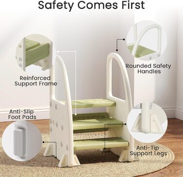 Дитячий ходунок-стілець Hoopyosms Tritthocker з ручкою, безпечний та стійкий, 2/3 сходинки для ванної, кухні та туалету (зелений)