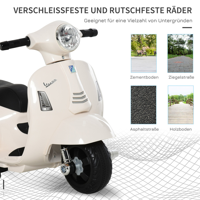 Дитячий електричний мотоцикл HOMCOM VESPA, 18-36 місяців, 3 км/год, LED світло та звук, PP пластик та метал, білий, 66.5x38x52см