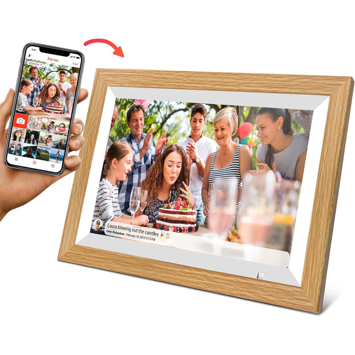 Цифровий фоторамка Cytem 10.1 дюйма з Wi-Fi, 32GB, сенсор руху, IPS 16:10, сенсорне управління, коричневе дерево, FrameO Software