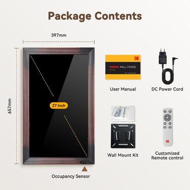 Цифровий фоторамка Kodak 27 дюймів з IPS екраном, USB/SD, фото/музика/відео, календар, пульт ДК, коричневий