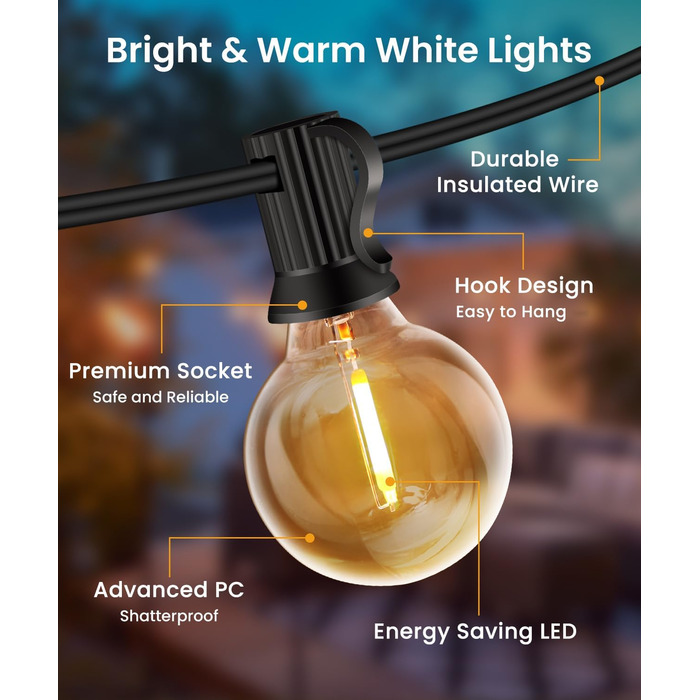 LED гірлянда для вулиці, 20м, G40, 30+2 лампочки, пластик, IP44, тепле біле світло, для саду, вечірки, шлюбної церемонії