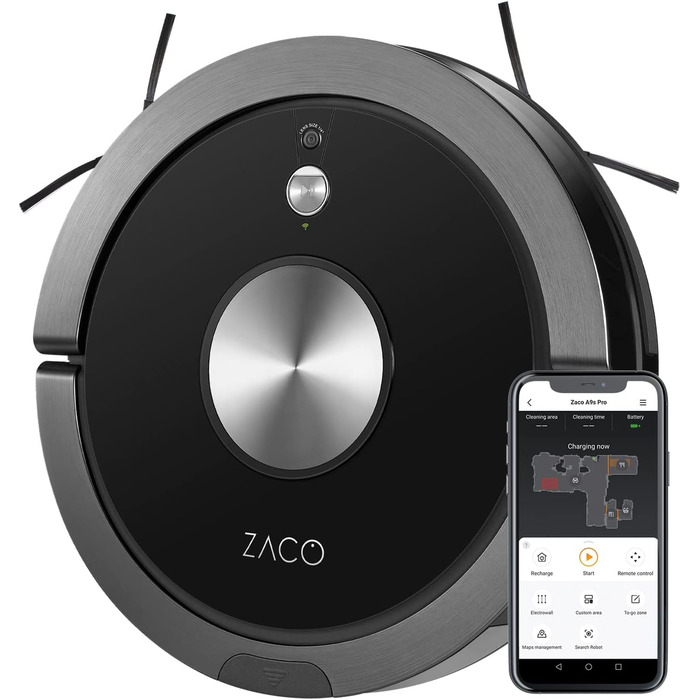 Робот-пилосос ZACO A9sPro з функцією миття підлоги, додаток і Alexa, 7.6 см плоский, карта кімнати, час роботи 2 години, тихий, чорний