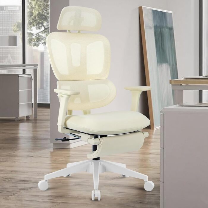 Ергономічне крісло для офісу з підніжкою, висока спинка, 2D-підголівник, відкидні підлокітники, сидіння з губки, сітчастий офісний крісло, крісло для начальника, комп'ютерне крісло для дорослих (кремовий)