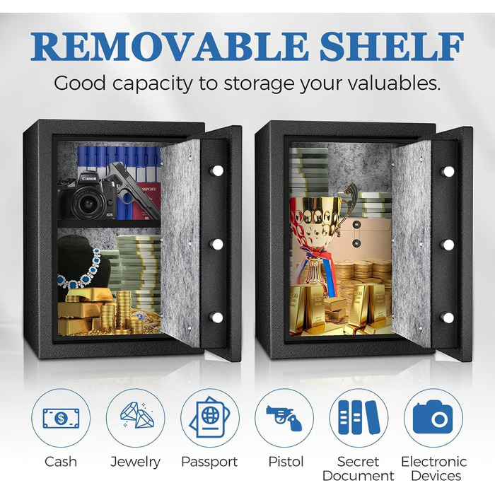 Biometричний сейф WASJOYE з захистом від вогню: відбиток пальця, цифрова клавіатура, USB-зарядка, 40L, для дому, офісу, готелю