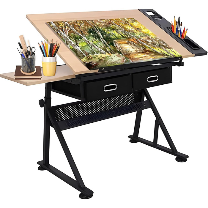 Регульований стіл для малювання, мольберт для художників, стіл для малювання з нахиленою поверхнею 0-80°, стіл для творчості з ящиками для дітей та дорослих