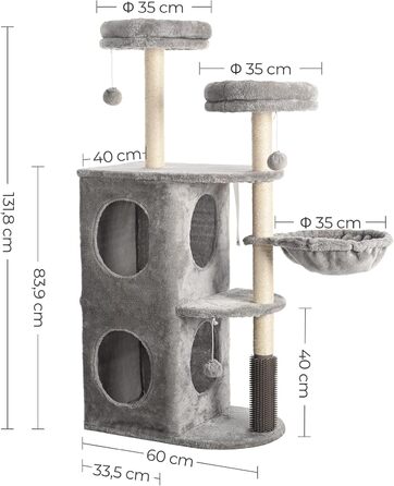 Кігтеточка FourFurPets 132 см, 2 печери, 2 платформи, кошик, плюшеві м'ячі, світло-сірий