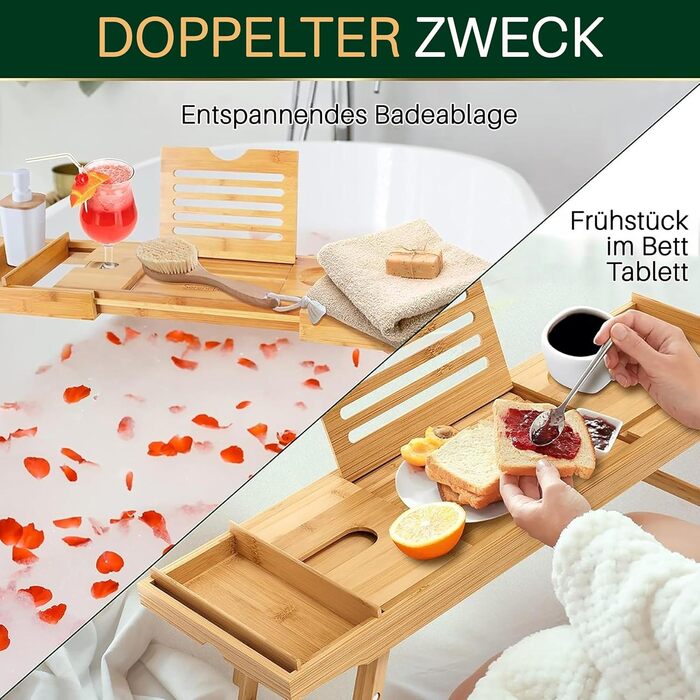 Підставка для ванни та ліжка SereneLife 2-в-1 – складане піднос для сніданку в ліжку та ванній з бамбука, водовідштовхувальний, регульований розмір – дерев'яна підставка для ванни, міцна спинка (складний, міцна спинка, подарунковий набір)