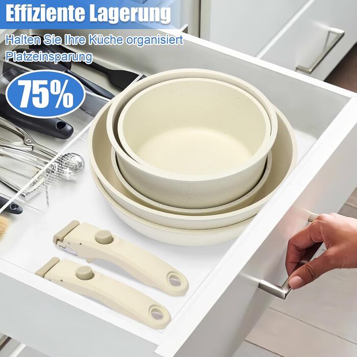 Набір посуду GFTIME 17-ти частинний з антипригарним покриттям Ceramic, для всіх плит (індукція), зі знімними ручками, 20/26 см скляні кришки, без PFOA/PTFE/PFAS