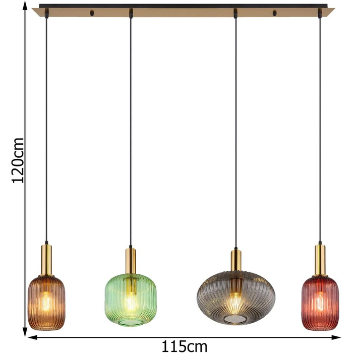 Підвісний світильник GLOBO LIGHTING з 4 скляними плафонами різнокольоровий, довжина 115см