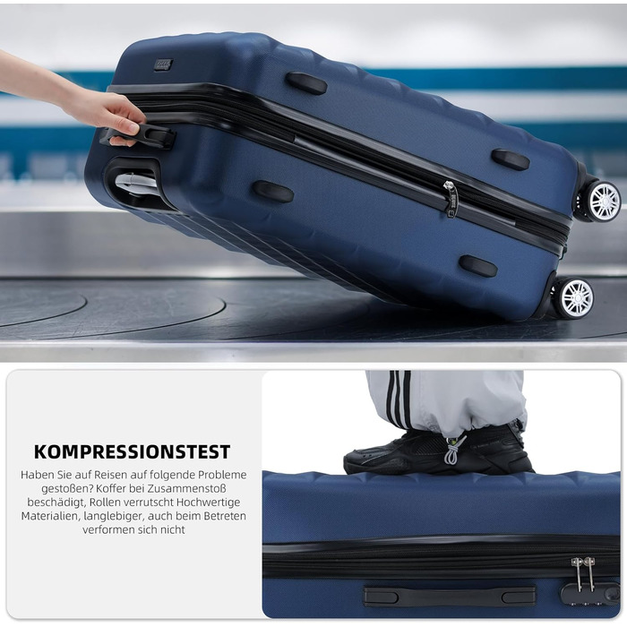 Набір дорожніх валіз BEIBYE з 4 предметів, твердий корпус, 4 подвійних колеса, комплект багажу для подорожей (Темно-синій)