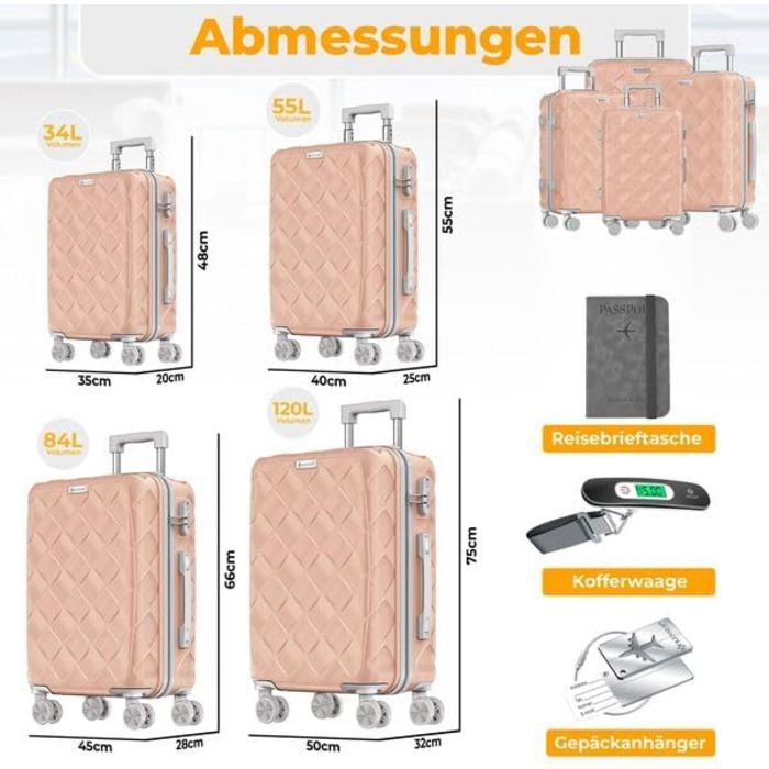 Набір дорожніх валіз KESSER з ABS-пластику, 4 предмети: жорсткі валізи з кодовим замком, вагами та дорожньою сумкою, колеса 360°, ручний багаж та великі валізи для бізнесу та подорожей (Nude Grey)