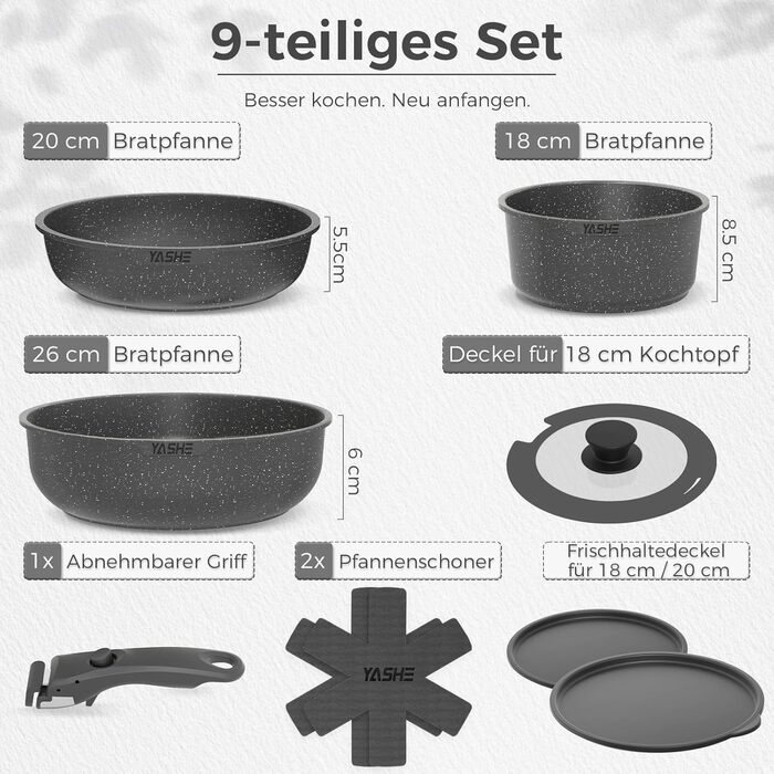 Набір каструль та сковорідок YASHE 9 шт. з антипригарним покриттям, білий (сірий), для всіх плит, знімний ручка, сумісний з духовкою, компактний, економія місця