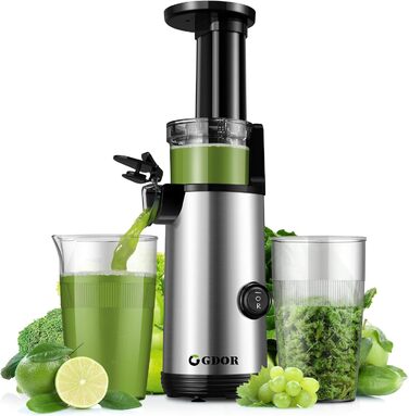 GDOR Компактний соковитискач: повільний соковитискач, BPA-free, срібний. Висока врожайність соку, 600 мл, щітка в комплекті. Для овочів та фруктів, тихий.