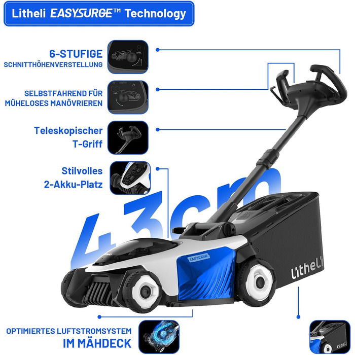 Акумуляторний акумуляторний газонокосарка Litheli Easysurge 43 см, 40V, самохідна, безщітковий двигун, до 500 м², 50 л, 25-75 мм, 2 x 4.0 Ah