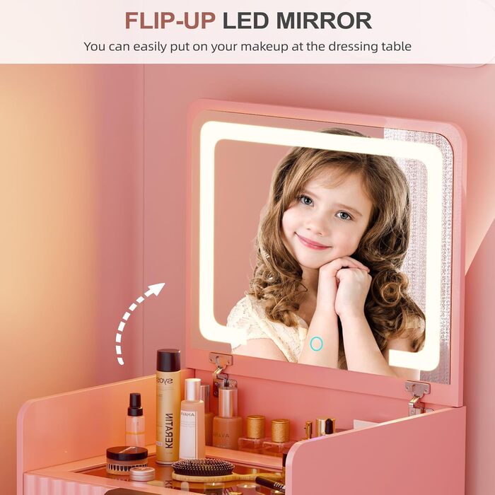 Трюмо Lvifur з LED-дзеркалом та 3 шухлядами, кутовий, для спальні, квартири, гуртожитку, білий (рожевий)