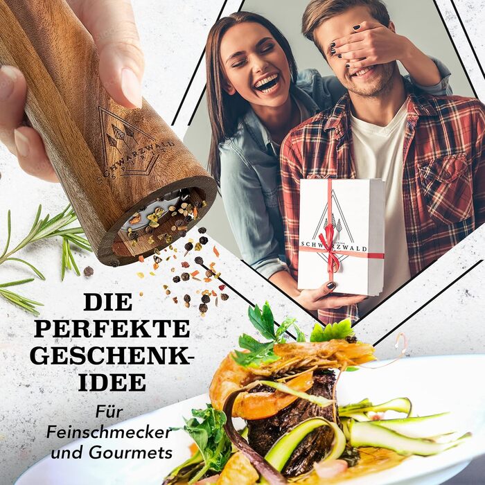 Набір з 2-х дерев'яних мельниць для солі та перцю (21 см) з керамічним механізмом - з пензликом для чищення та рецептами, кухонні аксесуари, подарунок