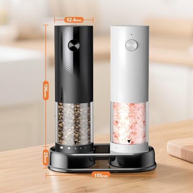 Електричні солі та перечні млини 2 шт. з USB-C зарядкою, регулюванням помелу, LED підсвіткою, керамічним жорном та підставкою – чорний/білий