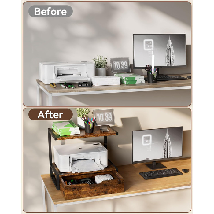 Підставка для принтера IBUYKE 2-ярусна, столик з полицею, органайзер для офісу, TLJ015W (Коричневий)
