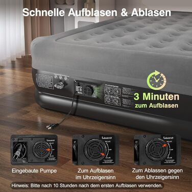Надувне ліжко Lewondr на 2 особи з вбудованим насосом, 203x152x46 см, сірий колір, 250 кг, для кемпінгу, дому, гостей, подорожей